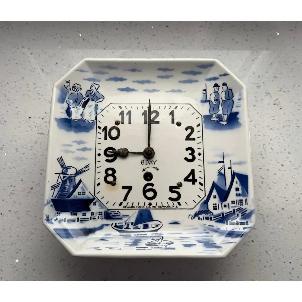 Vintage Delft Wall Clock - 8 Day Germany Blue & White -Missing Pendulum and Key